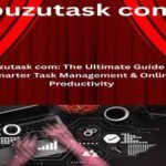 Red theater-style curtains opening to reveal the title 'puzutask com: The Ultimate Guide to Smarter Task Management & Online Productivity' above a dark image showing hands on a laptop with SEO and analytics icons.