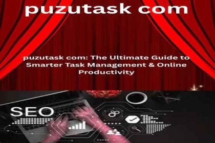 Red theater-style curtains opening to reveal the title 'puzutask com: The Ultimate Guide to Smarter Task Management & Online Productivity' above a dark image showing hands on a laptop with SEO and analytics icons.